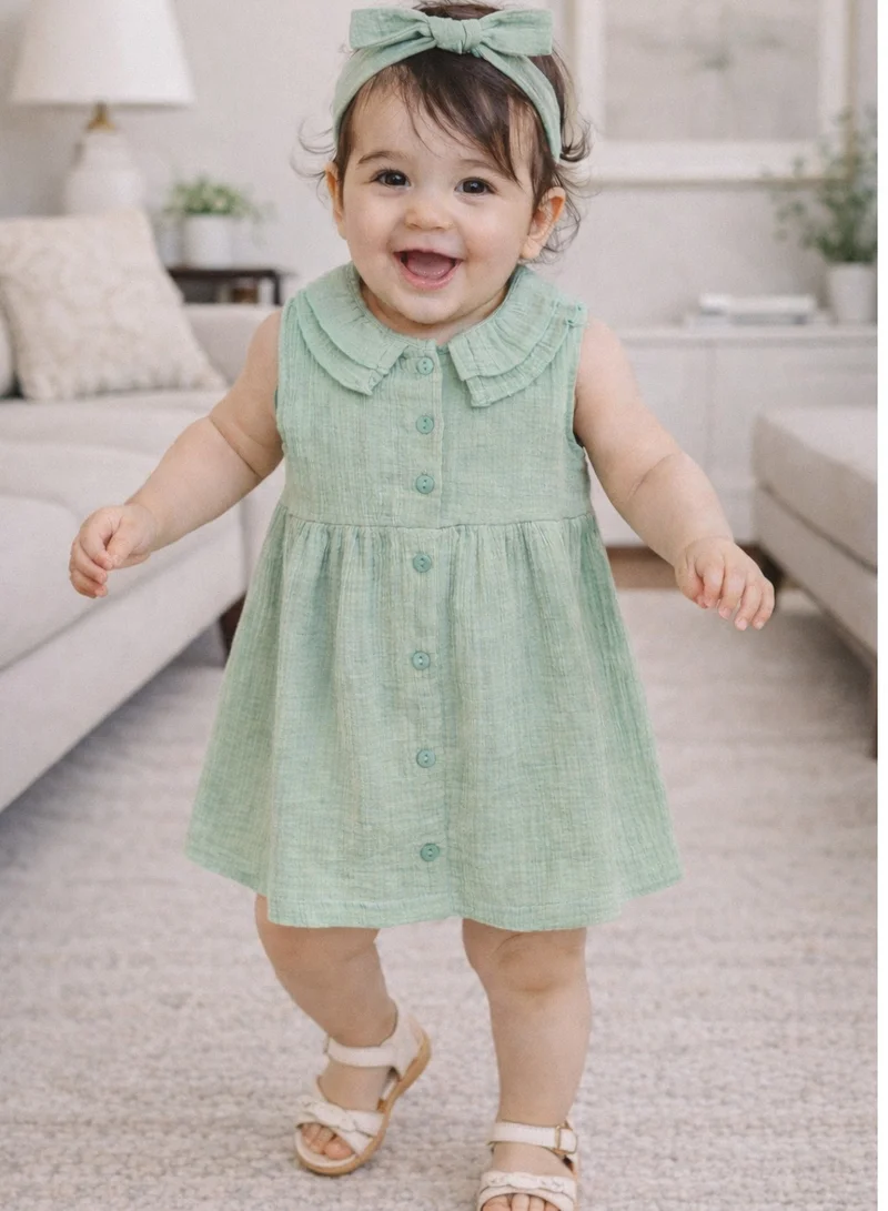 ديركجي طقم فتيات قطعتين فستان موسلين باللون النعناعي بياقة مكشكشة مع طوق رأس متطابق